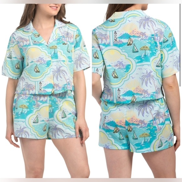 Cynthia Rowley Boat Blue  2 Piece Notch Shirt And Pant Set NWT ✨️💙 - Picture 1 of 6